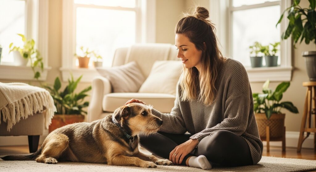 Woman with her emotional support dog at home