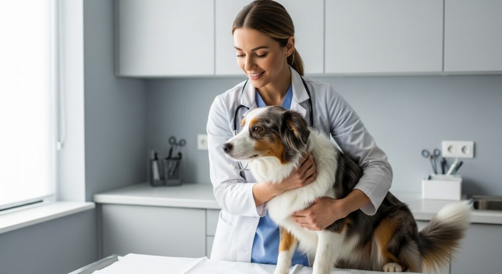 A friendly vet gently holding a medium-sized dog in a calm, clean exam room setting