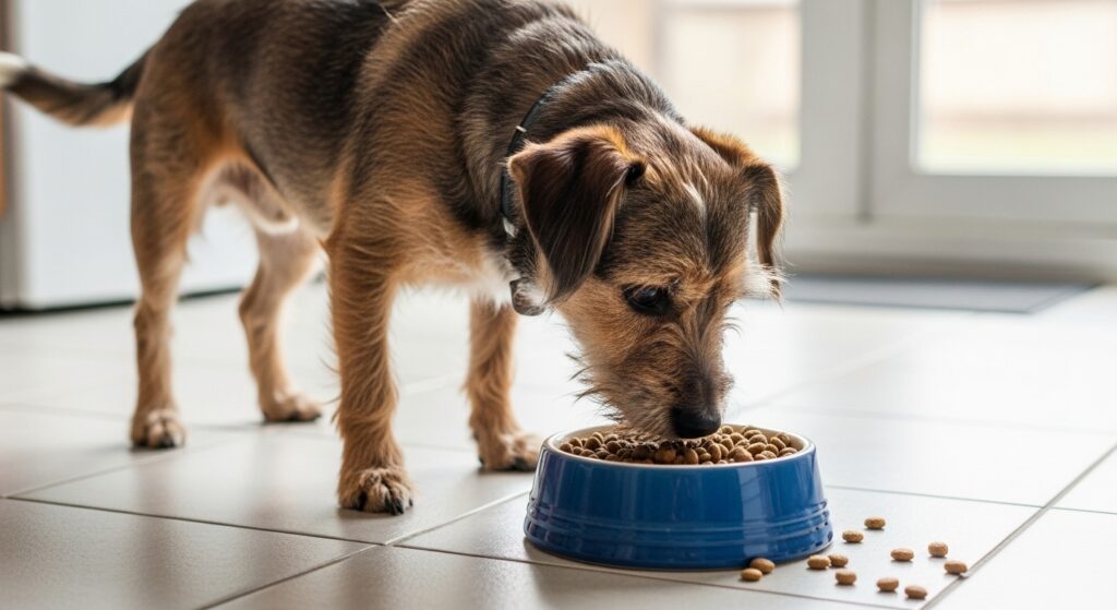 A small dog sniffing and leaving a full food bowl.