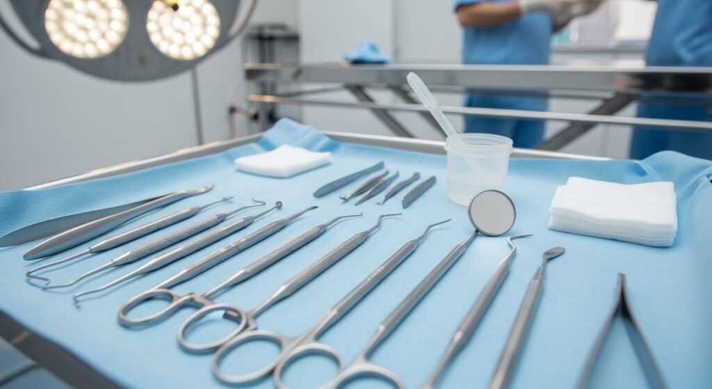 A tray with canine dental tools in a clean vet setting