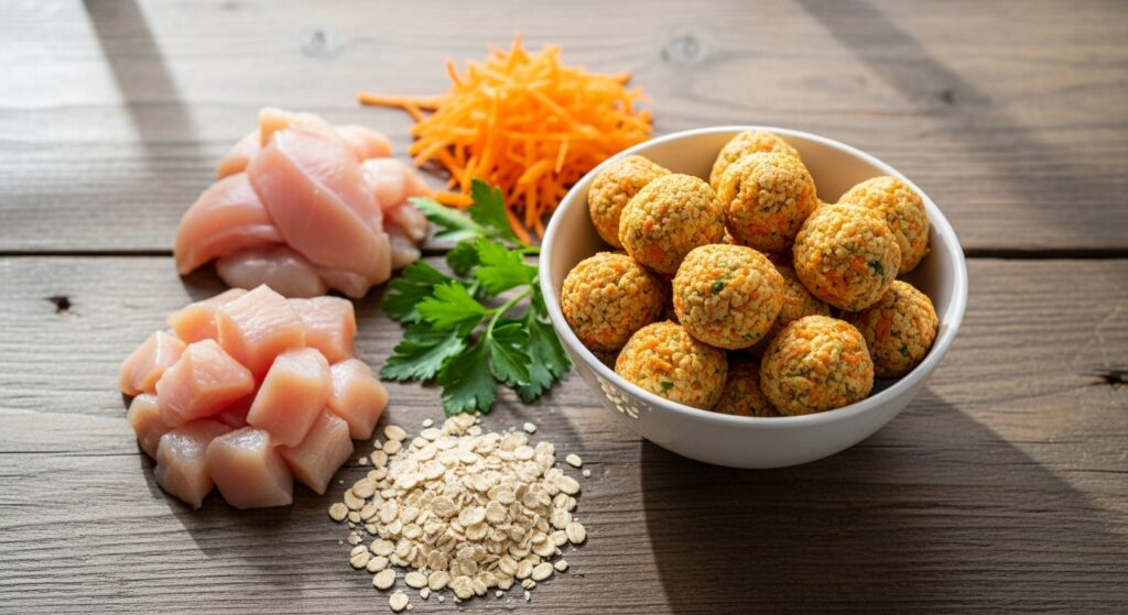 Chicken & Carrot Bites in a Bowl with Raw Ingredients Shown
