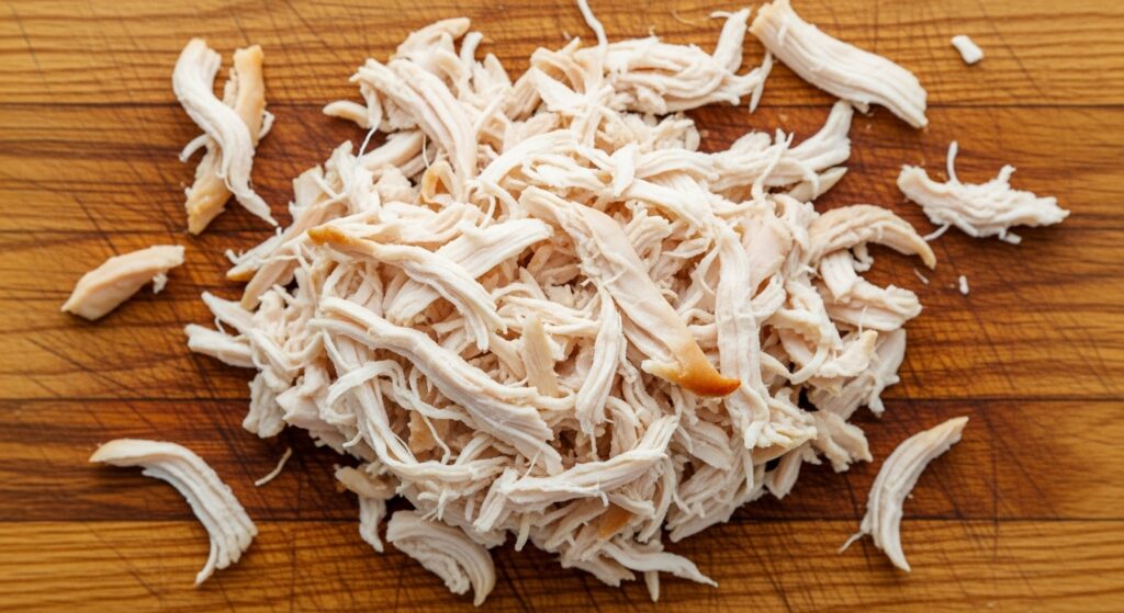 Chopped boiled chicken on a cutting board