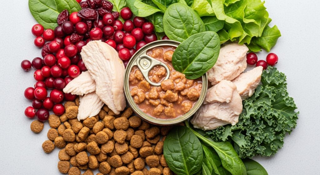 Close-Up of Dog Food Ingredients and Kibble