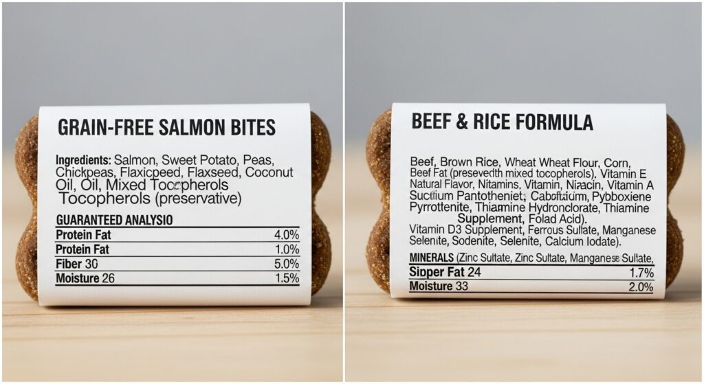 Comparison of ingredient labels on dog treats