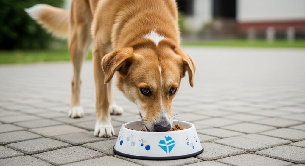 Dog Enjoying a Homemade Oatmeal Meal Outdoors