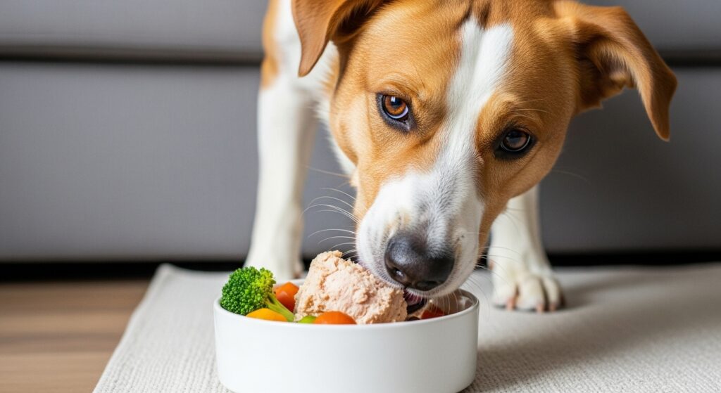 Dog eating homemade chicken food from a bowl