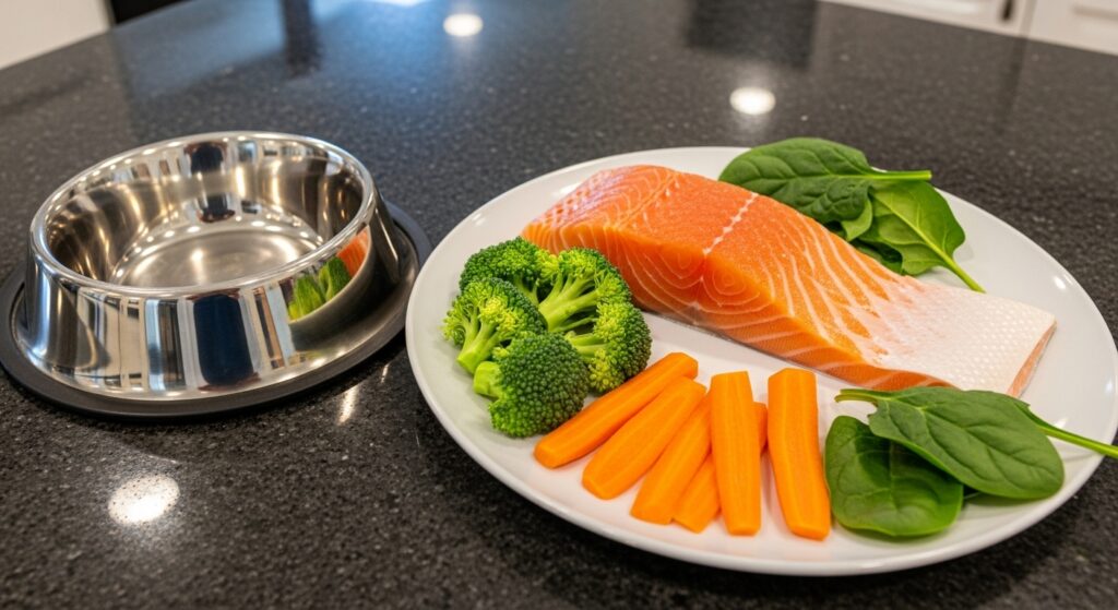 Fresh Salmon Fillet and Dog Bowl