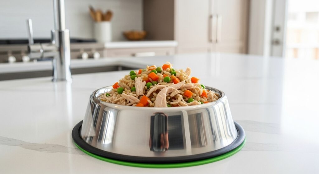 Freshly cooked chicken dog food in a bowl