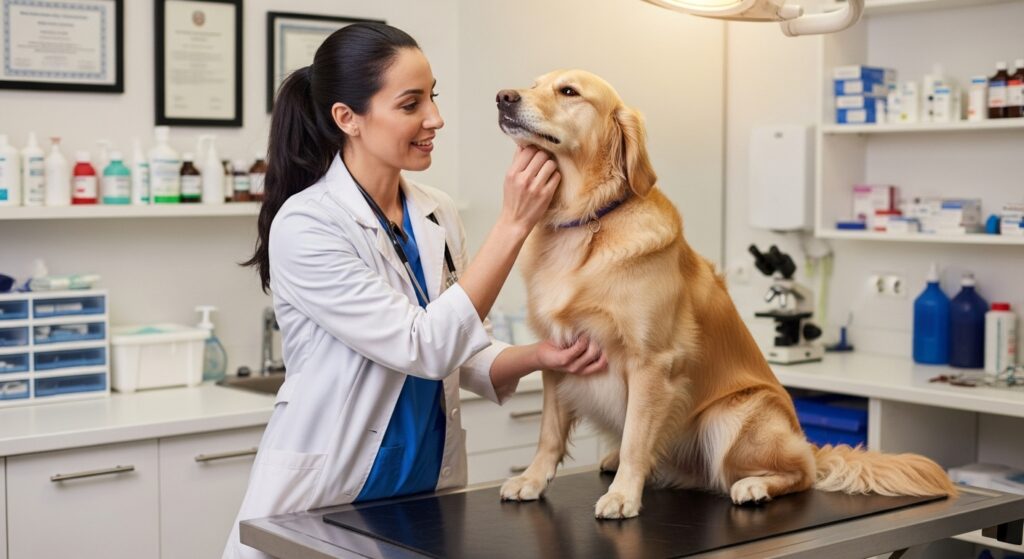 Friendly veterinarian checking a dog’s mouth or tummy