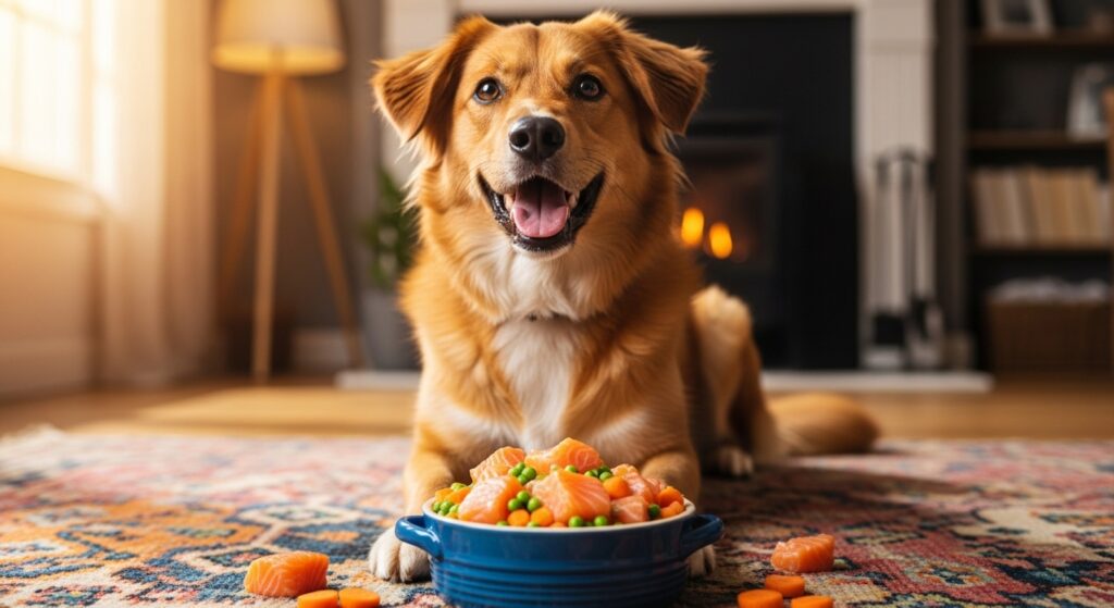 Happy Dog Eating Salmon Meal