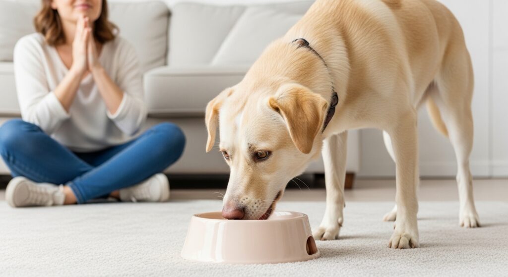 Happy dog eating from a bowl, owner looking relieved