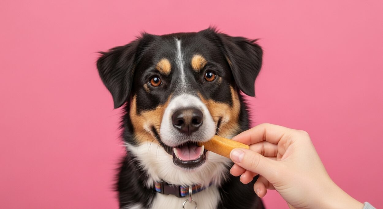 Happy dog enjoying a treat