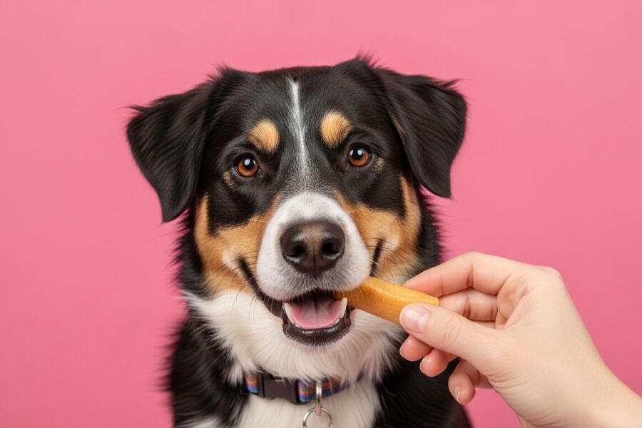 Happy dog enjoying a treat
