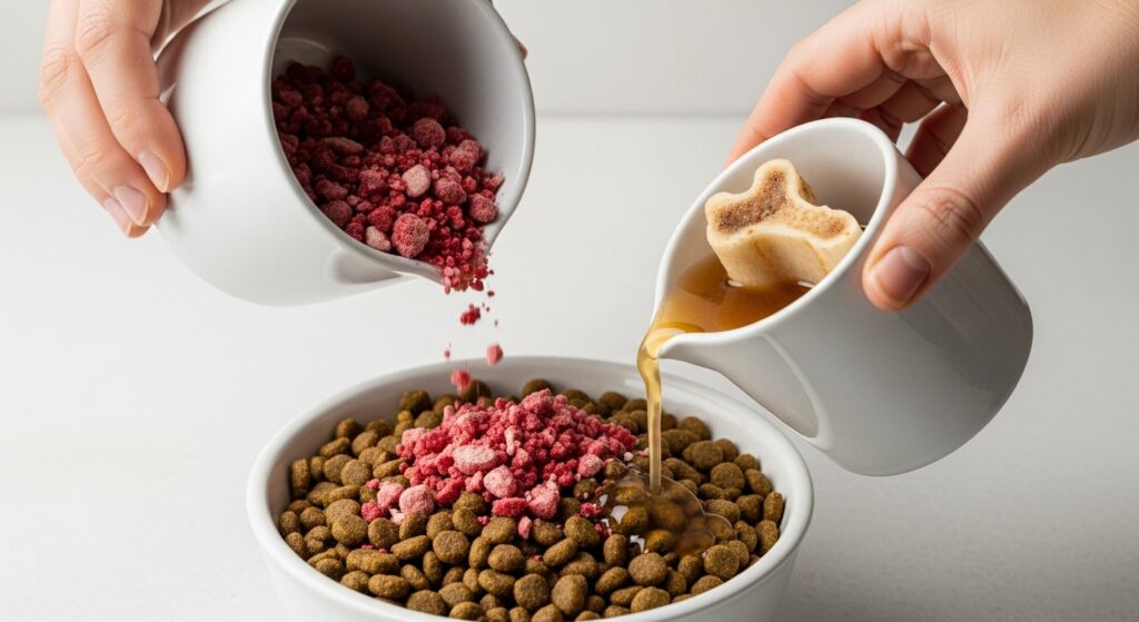 Mixing Toppers Into Dog Food Bowl