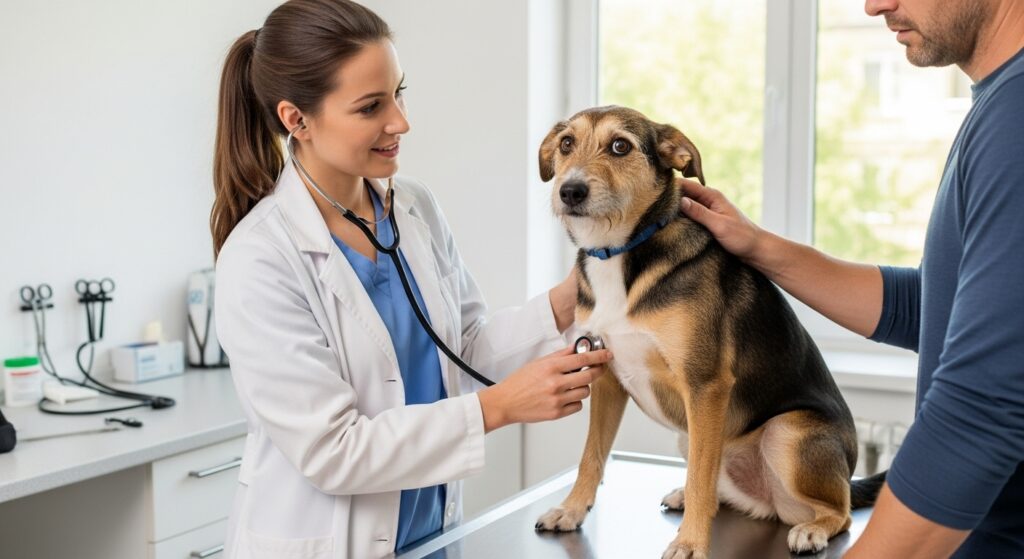 Vet examining a worried dog